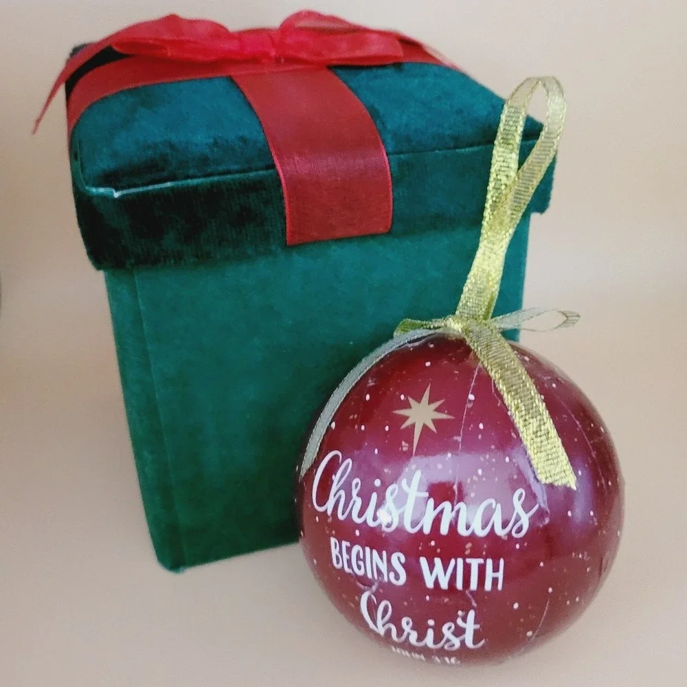 Christmas Begins With Christ Ornament w Gift‎ Box Paper Mache Red